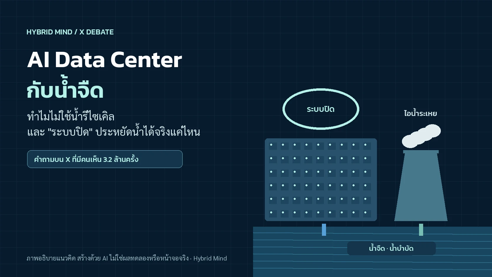 ภาพแนวคิดอาคาร Data Center ที่มีไอน้ำลอยขึ้นจาก Cooling Tower ข้างแม่น้ำ พร้อมท่อน้ำจืด ท่อน้ำรีไซเคิล และวงจรน้ำแบบปิด
