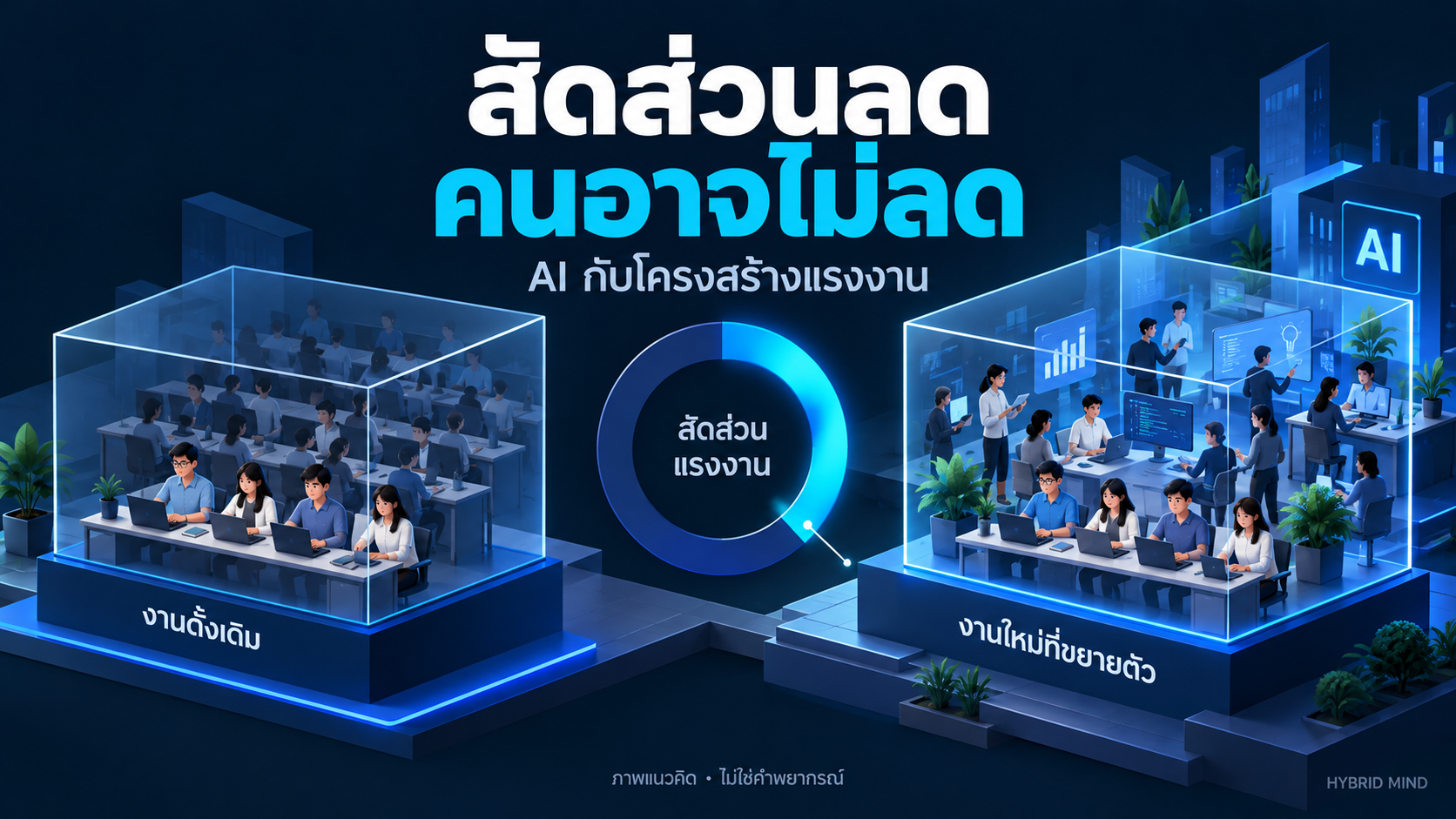 ภาพแนวคิดสัดส่วนระดับงานลดได้โดยจำนวนคนไม่ลด ไม่ใช่ผลเลิกจ้างจริง