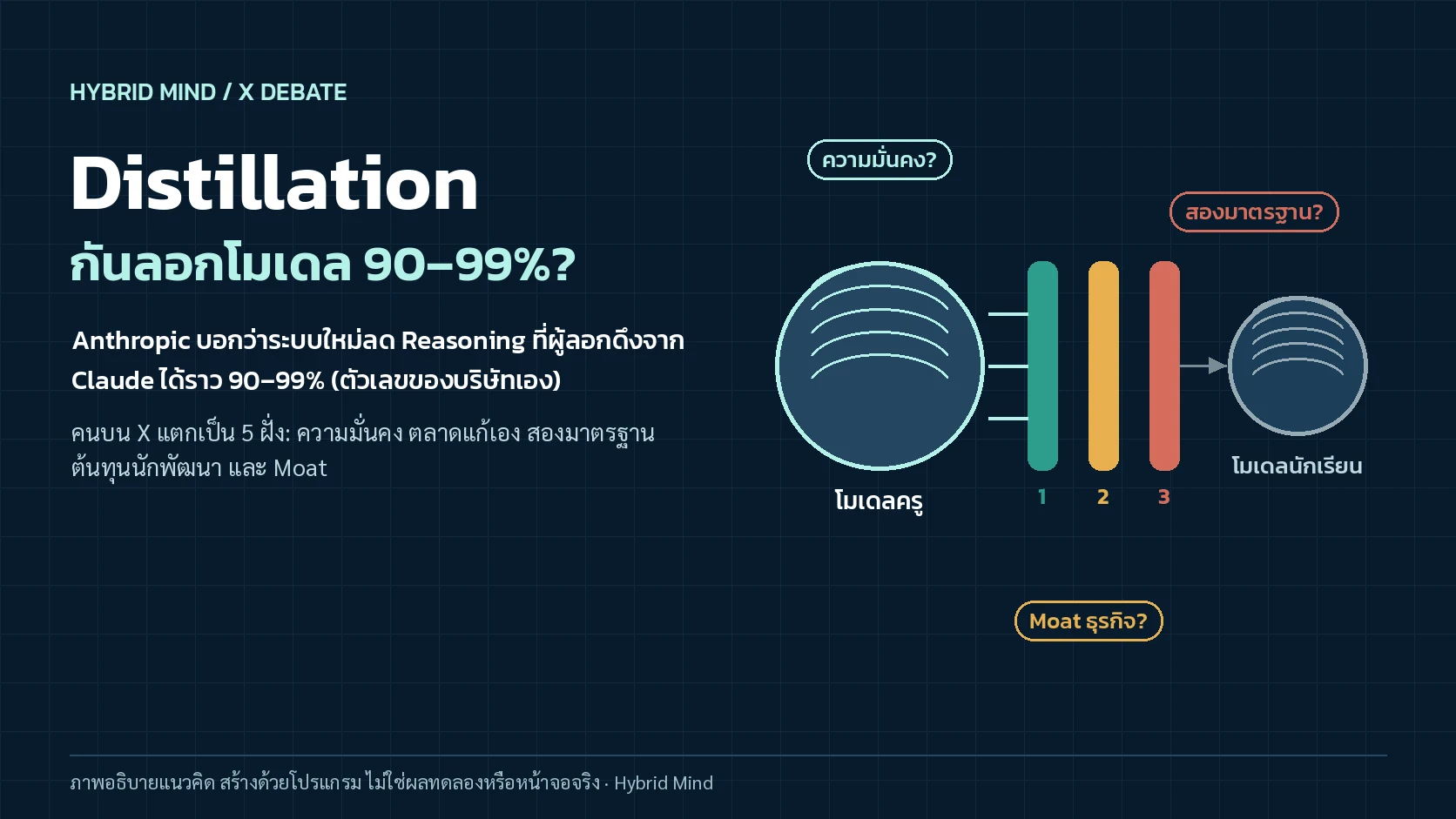 ภาพแนวคิดโมเดลครูส่งความรู้ไปยังโมเดลนักเรียน โดยมีโล่สามชั้นกั้นกลาง และป้ายคำถามว่าเป็นความมั่นคงหรือมาตรฐานสองชั้น