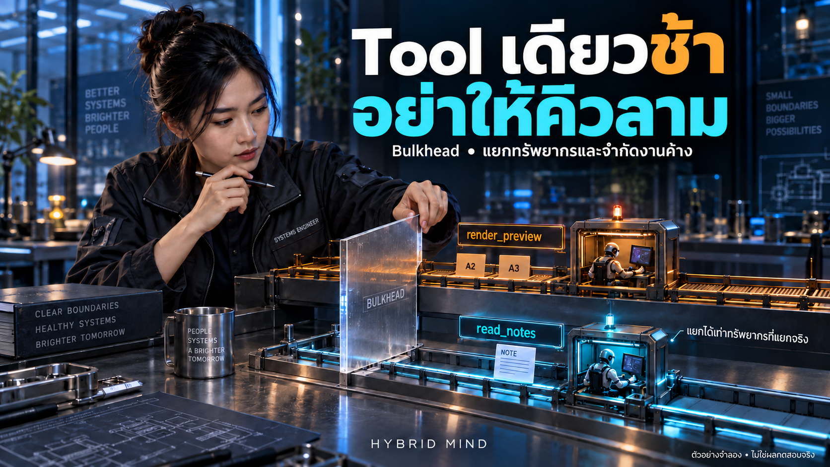 วิศวกรแยกเลน render_preview สีอำพันที่มีงานรอสองชิ้นออกจากเลน read_notes สีฟ้าซึ่งมี worker ของตัวเอง