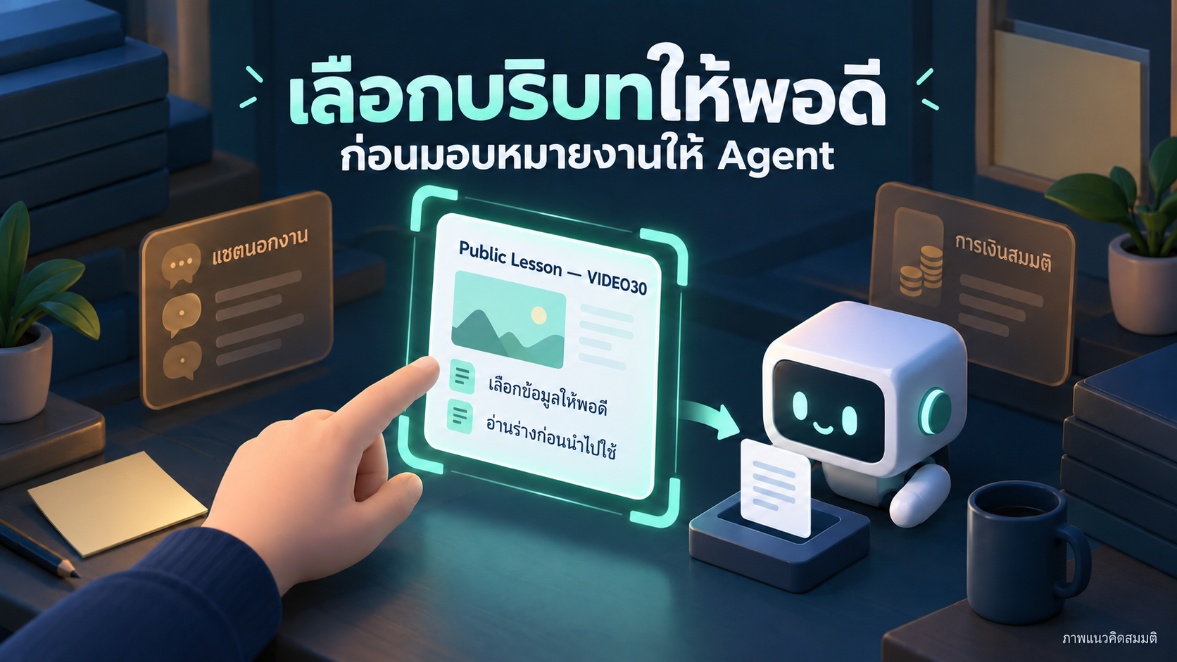มือเลือกกรอบมิ้นต์รอบการ์ดบทเรียนสมมติ โดยแยกแชตและการเงินนอกงานออก