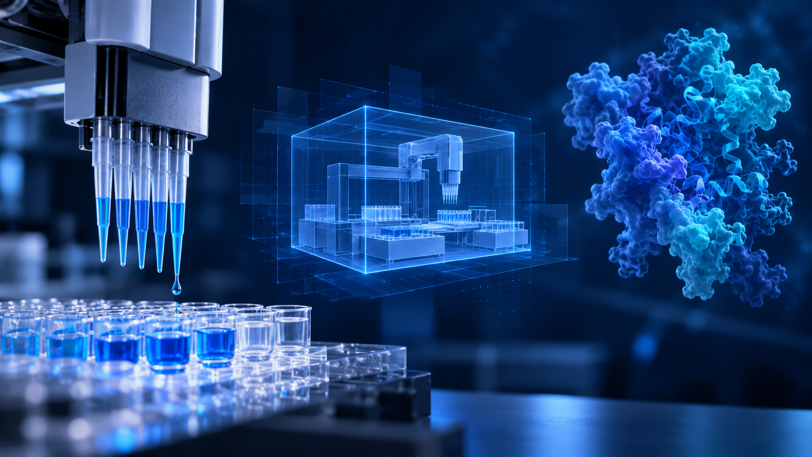 ภาพประกอบแนวคิดของงานวิจัยสามสายที่แยกกัน ได้แก่ การควบคุมการทดลองใน wet lab, aptamer screening และการออกแบบโปรตีน