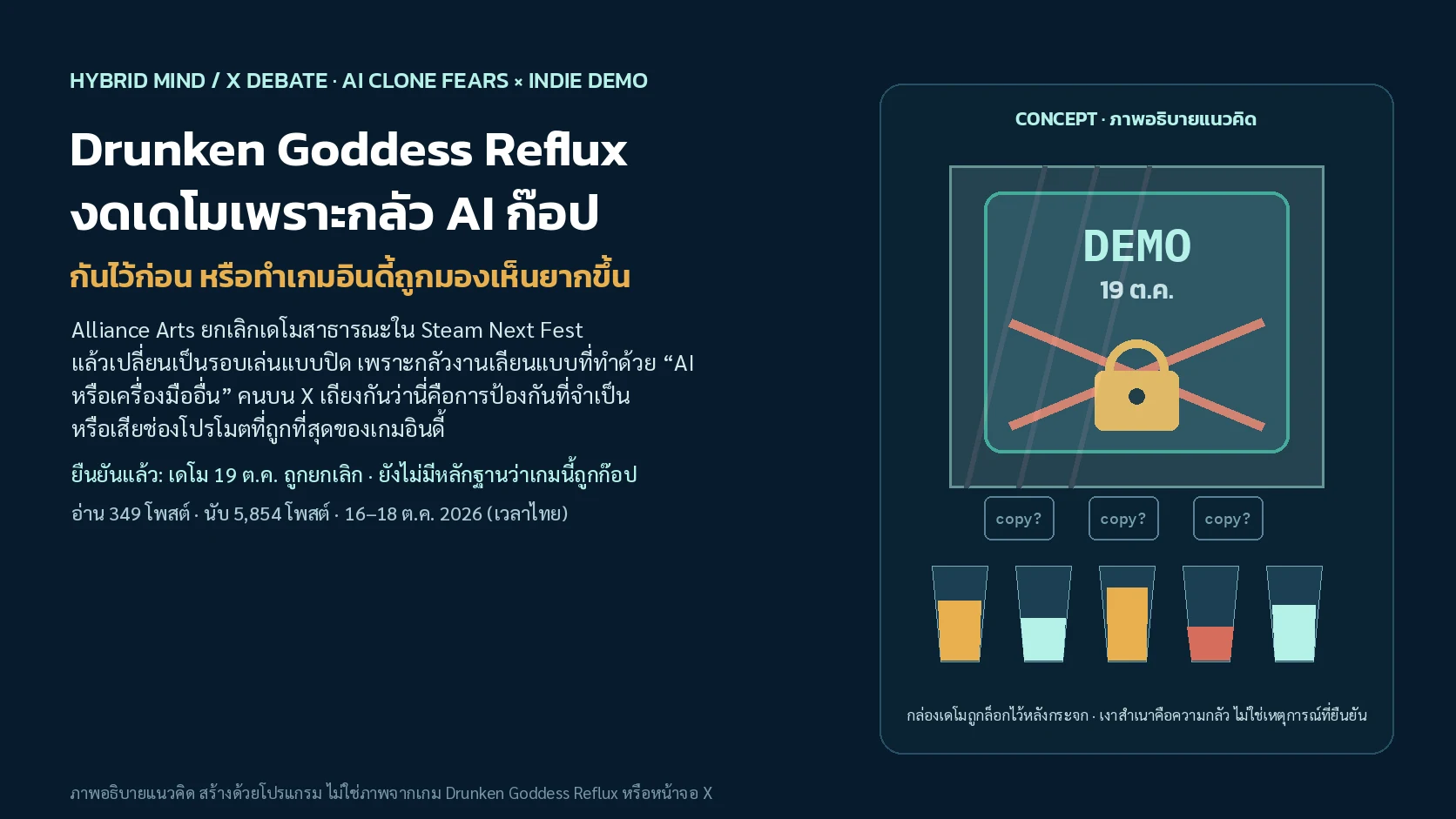 ภาพปกแนวคิด กล่องเดโมเกมถูกล็อกอยู่หลังกระจก ขณะที่เงาสำเนาจำนวนมากพยายามเลียนแบบอยู่ด้านนอก และมีแก้วช็อตวางอยู่ข้างหน้า
