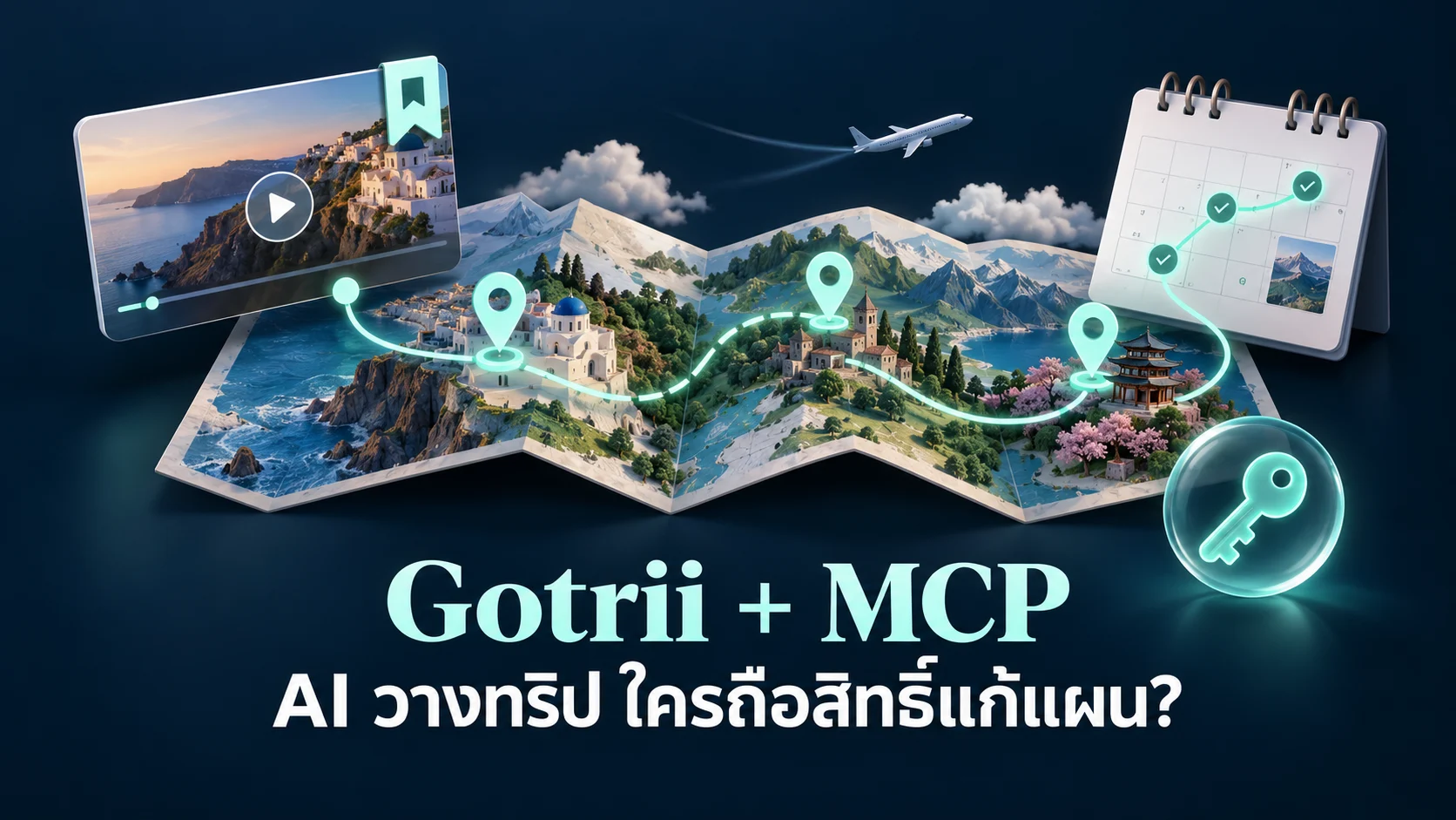 ภาพแนวคิด Gotrii และ MCP เชื่อมลิงก์ท่องเที่ยว แผนที่ และตารางรายวัน พร้อมสัญลักษณ์กุญแจแทนสิทธิ์เข้าถึง