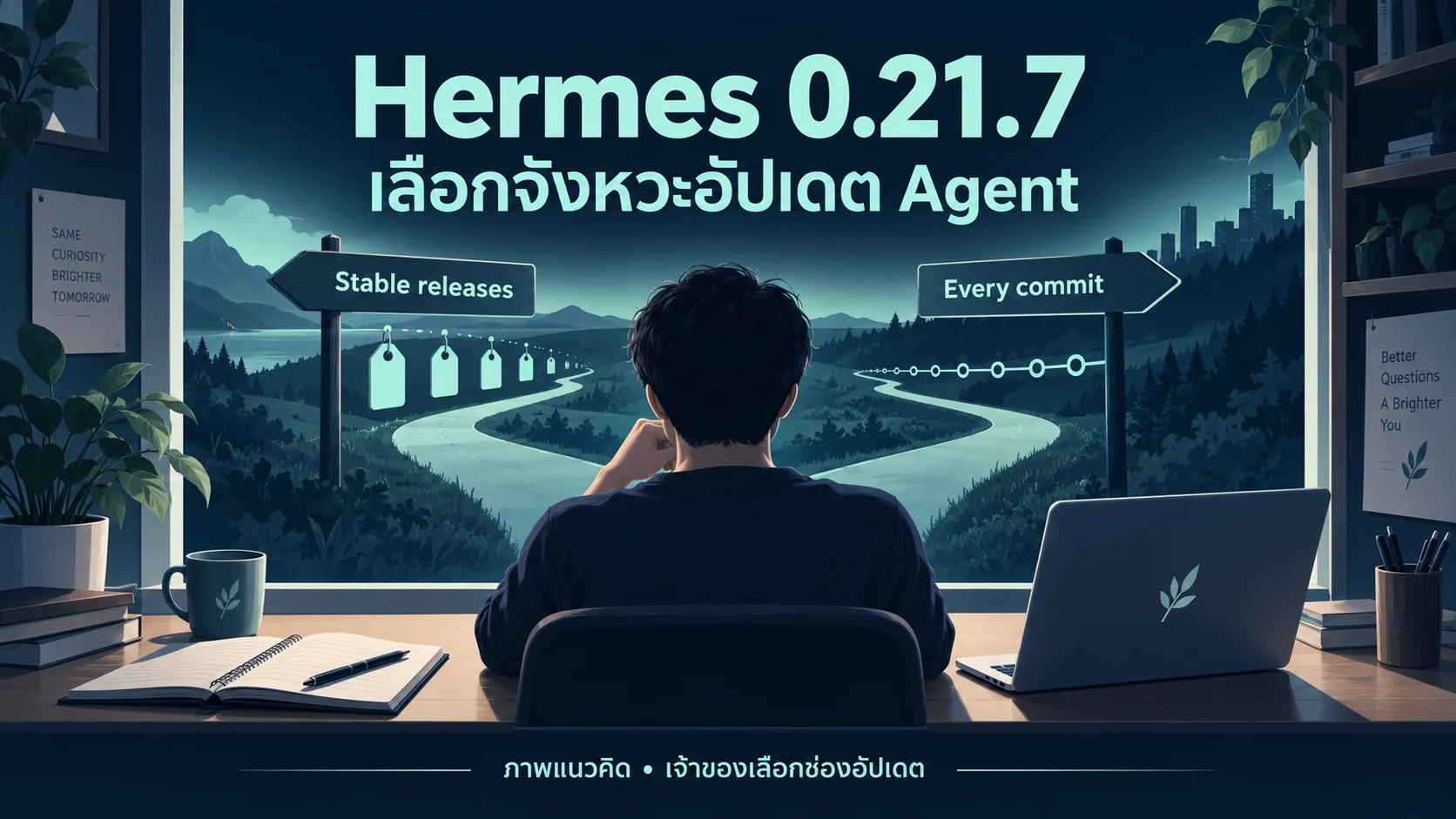 ภาพแนวคิดเจ้าของเลือกจังหวะอัปเดต Hermes ระหว่าง Stable releases กับ Every commit