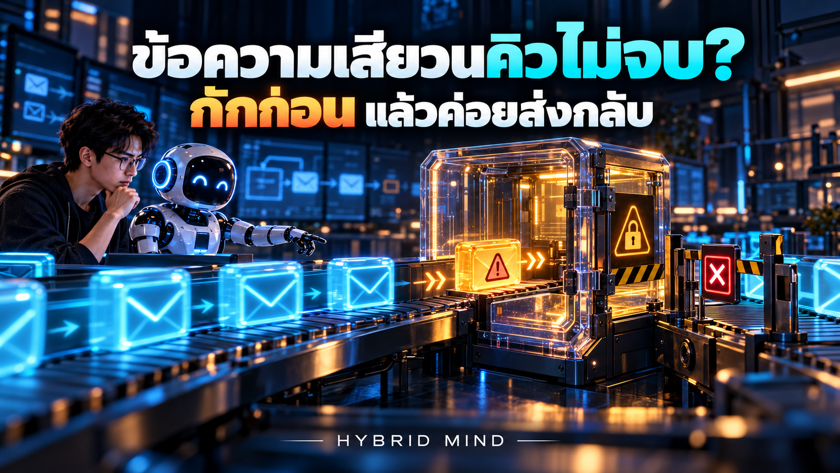 วิศวกรกับผู้ช่วย AI แยกพัสดุที่ล้มเหลวเข้าตู้กักกระจก ขณะที่คิวงานสีฟ้ายังเดินหน้า และประตูส่งกลับปิดรอตรวจ