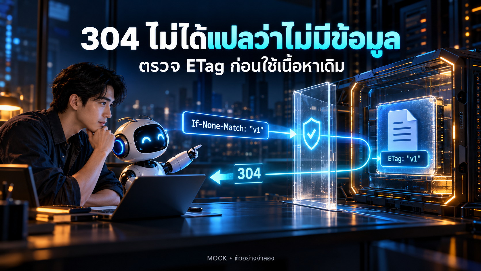 ภาพจำลองการตรวจ If-None-Match: เมื่อ ETag v1 ตรงกัน เซิร์ฟเวอร์ตอบ 304 และเอเจนต์นำ body เดิมที่จับคู่ไว้กลับมาใช้