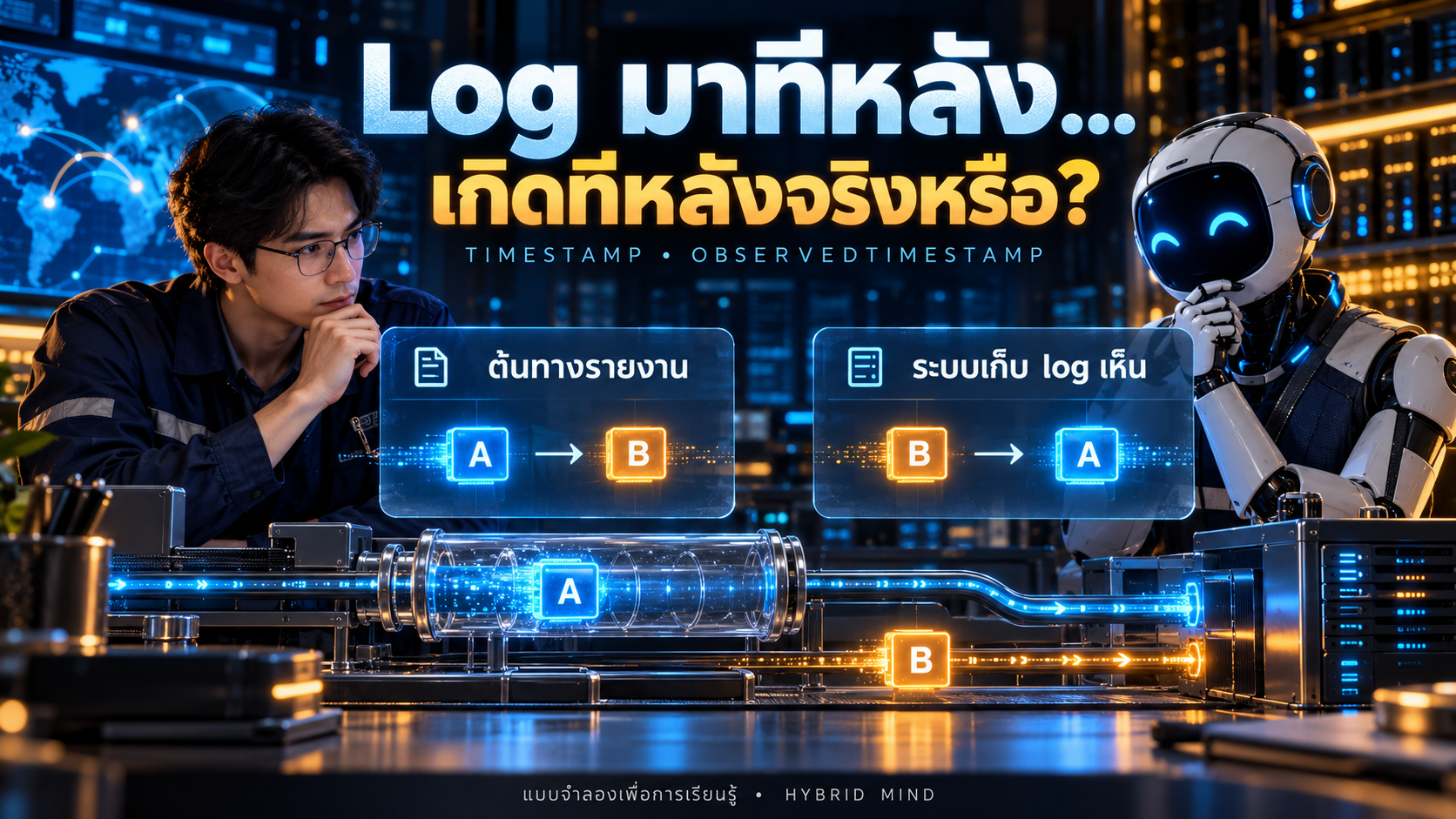 วิศวกรกับ AI เปรียบเทียบลำดับต้นทาง A แล้ว B กับลำดับที่ระบบเก็บ log เห็น B แล้ว A โดย A ผ่านบัฟเฟอร์