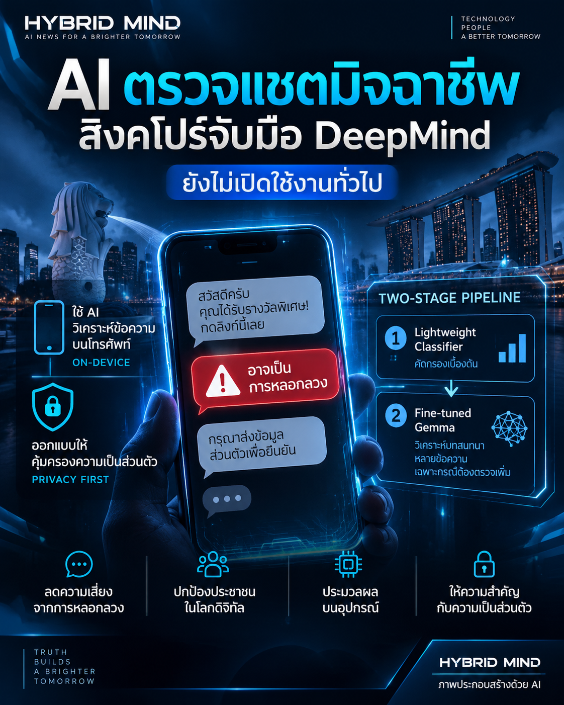 ภาพประกอบ AI ตรวจจับแชตหลอกลวงบนโทรศัพท์ รัฐบาลสิงคโปร์ร่วมมือ Google DeepMind พร้อมกราฟิก Two-stage pipeline