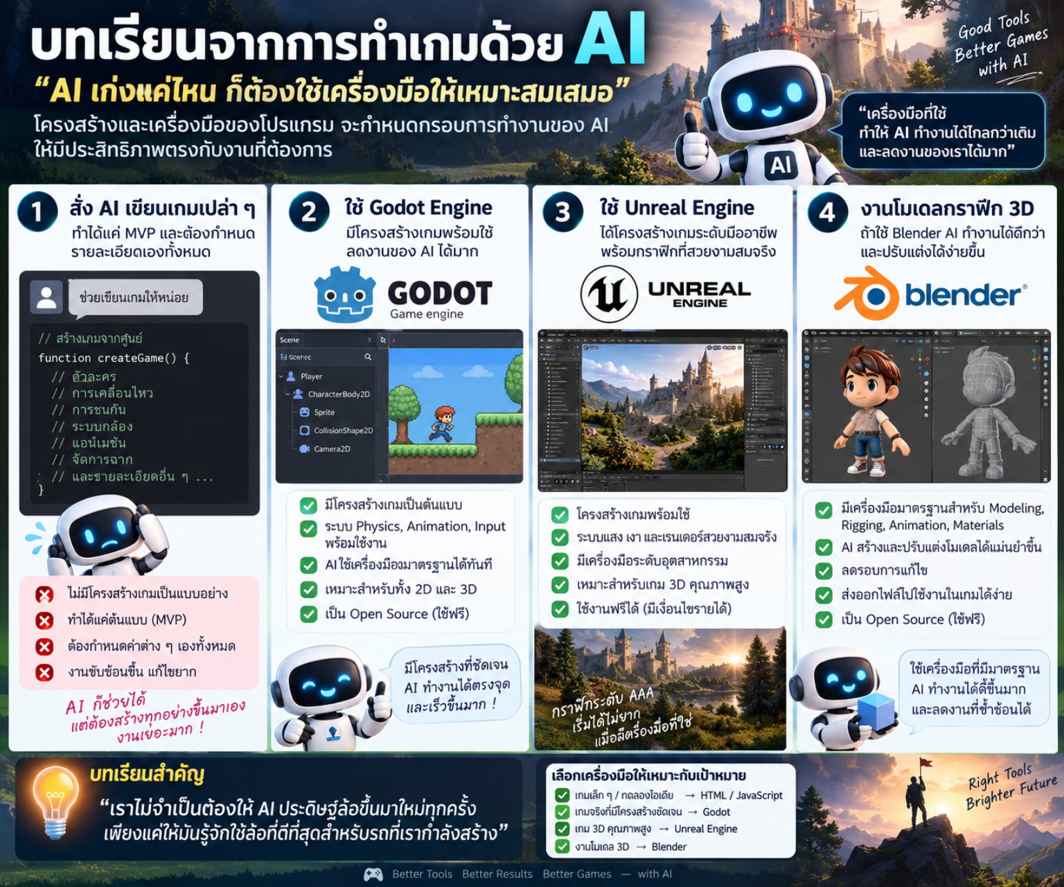 อินโฟกราฟิกภาษาไทยเปรียบเทียบการสั่ง AI สร้างเกมจากศูนย์ การใช้ Godot และ Unreal Engine และการใช้ Blender ทำโมเดลสามมิติ