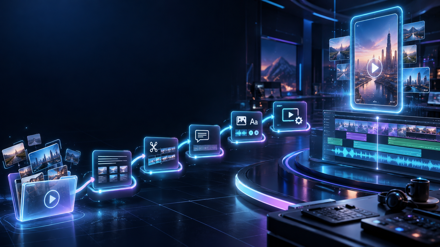 ภาพจำลอง 3D ระบบ AI Video Editing Agent จากไฟล์วิดีโอต้นฉบับผ่านการวางเรื่อง ตัดต่อ ซับ กราฟิก และส่งออก