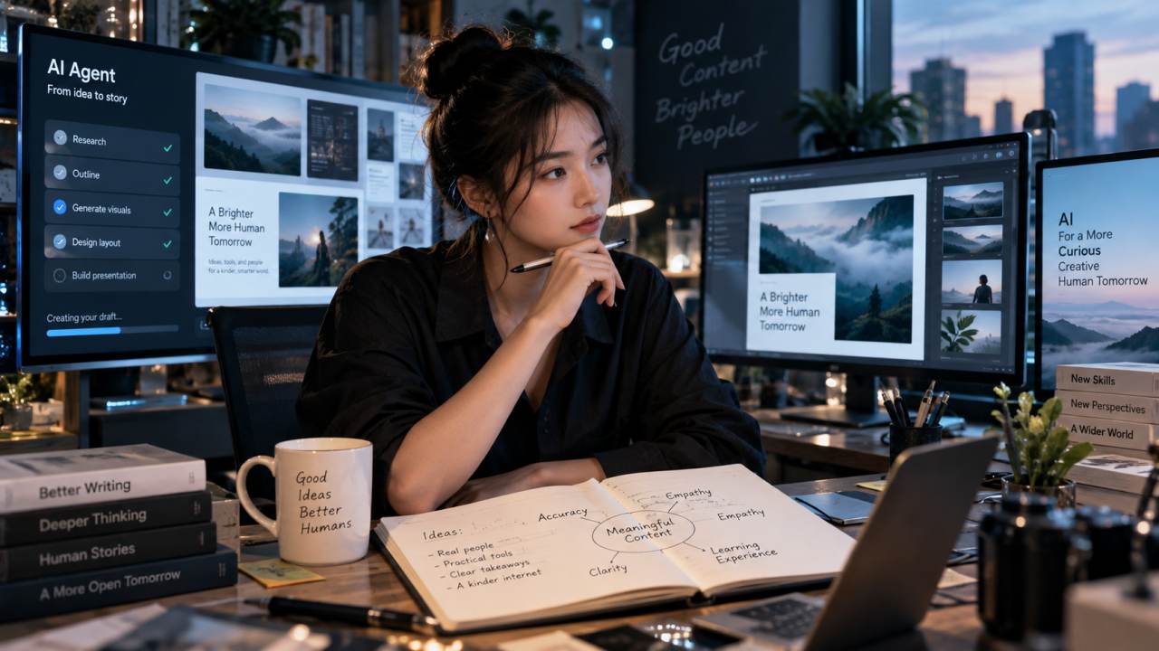 ภาพสร้างด้วย AI แสดงนักสร้างสรรค์วางแผนเนื้อหากับสมุดบันทึกโดยมีเครื่องมือ AI อยู่บนจอด้านหลัง