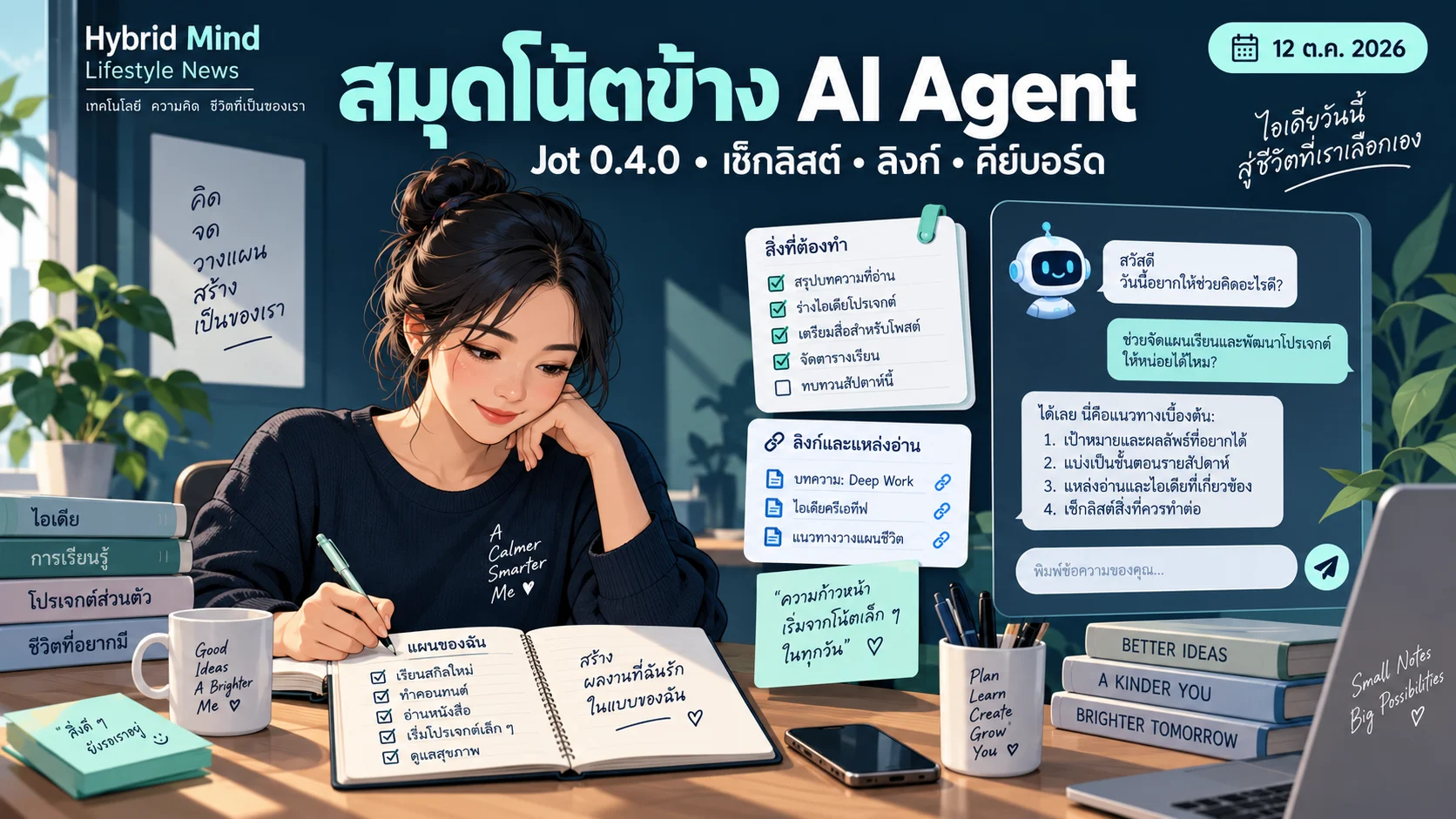 ภาพแนวคิดสมุดโน้ตและแผนงานส่วนตัวข้างบทสนทนา Agent สำหรับข่าว Jot 0.4.0