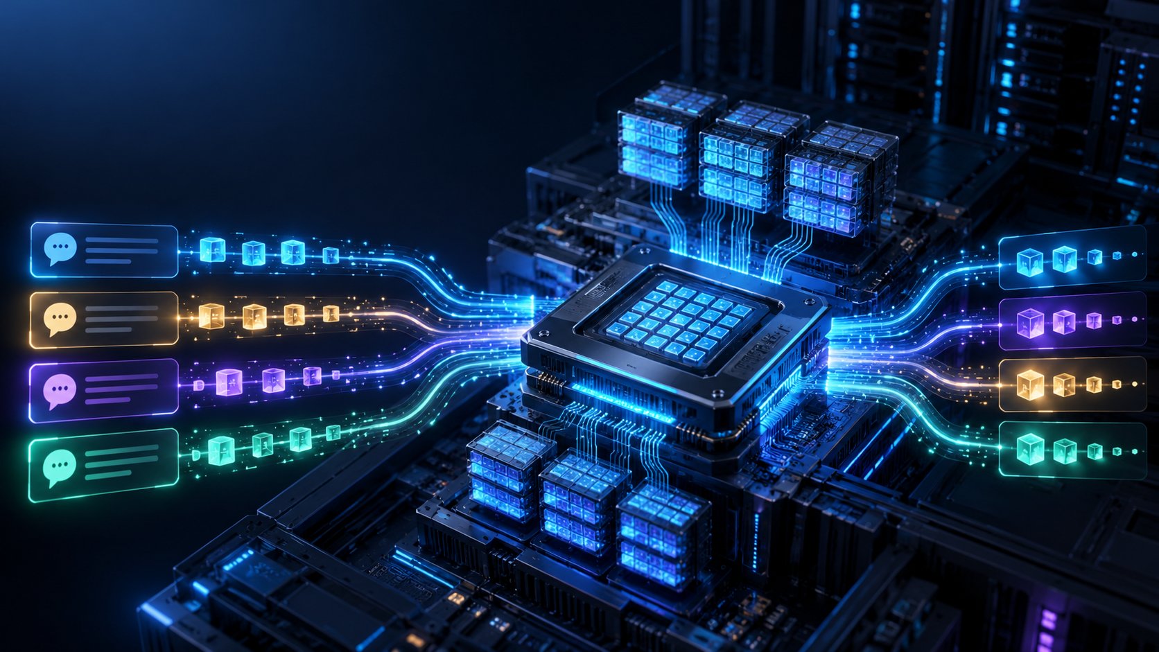 ภาพกราฟิกวงจร GPU และกระแสข้อมูลหลายคำขอเข้าสู่ระบบ LLM แล้วสร้างคำตอบออกเป็น Token