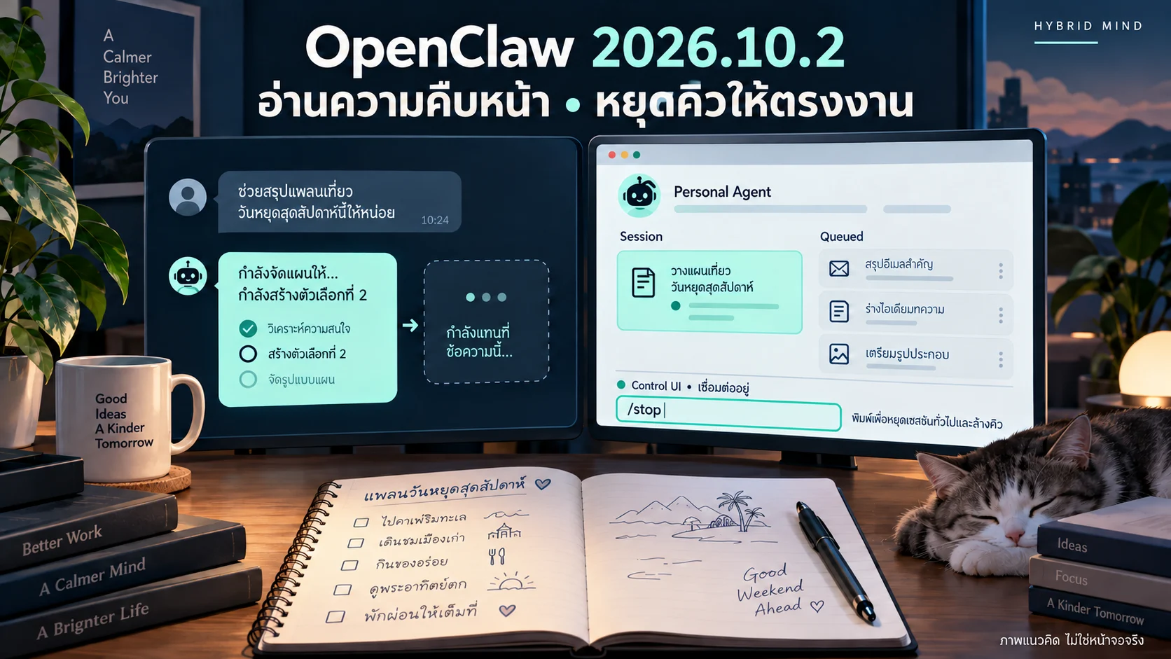 ภาพแนวคิดแผนวันหยุด แสดงข้อความตัวอย่างที่รอข้อความแทนใน Telegram แยกจากการพิมพ์ /stop ขณะเชื่อมต่อใน Control UI