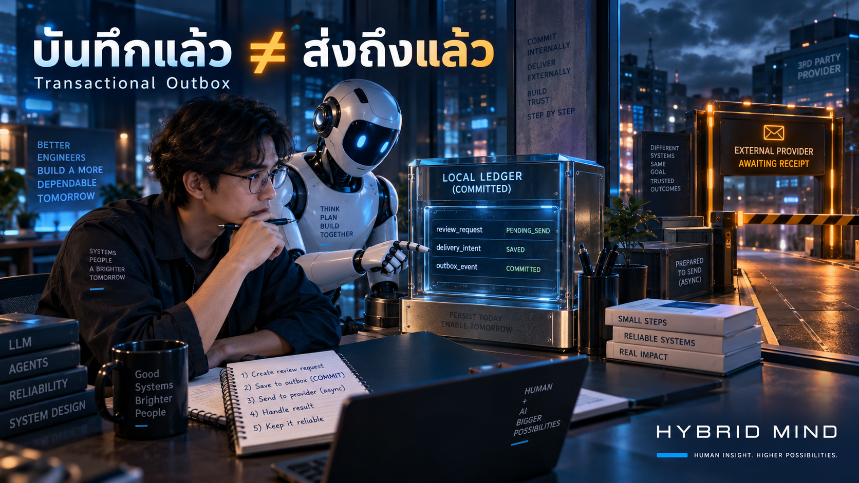 วิศวกรกับผู้ช่วย AI ตรวจบัญชีรายการที่ Commit แล้ว ขณะที่ประตูผู้ให้บริการภายนอกยังรอใบตอบรับ