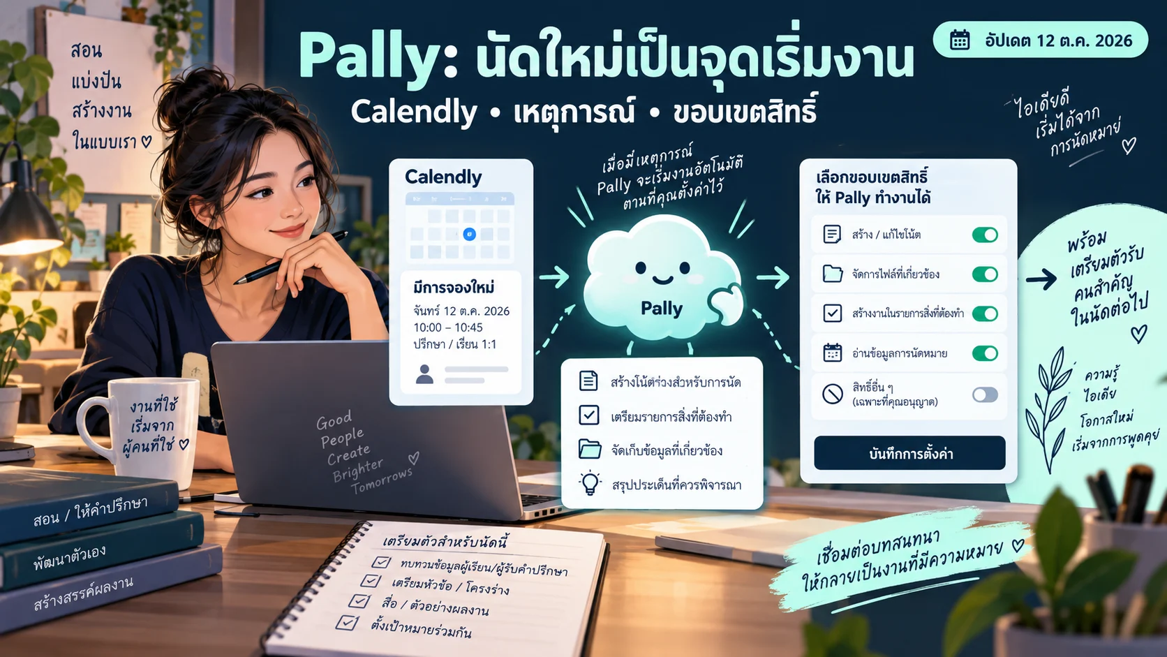 ภาพแนวคิดนัดใหม่จาก Calendly เชื่อมสู่การเตรียมแผนส่วนตัว โดยเจ้าของกำหนดขอบเขตให้ Pally