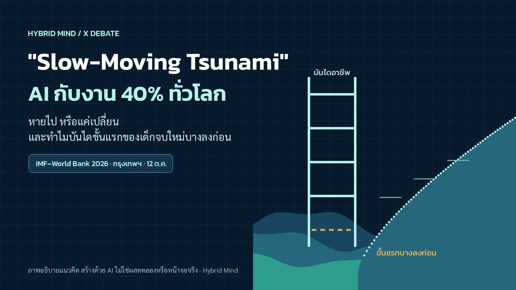 ภาพแนวคิดคลื่นยักษ์ที่เคลื่อนเข้าหาบันไดอาชีพอย่างช้า ๆ โดยขั้นล่างสุดของบันไดเริ่มหายไปก่อน