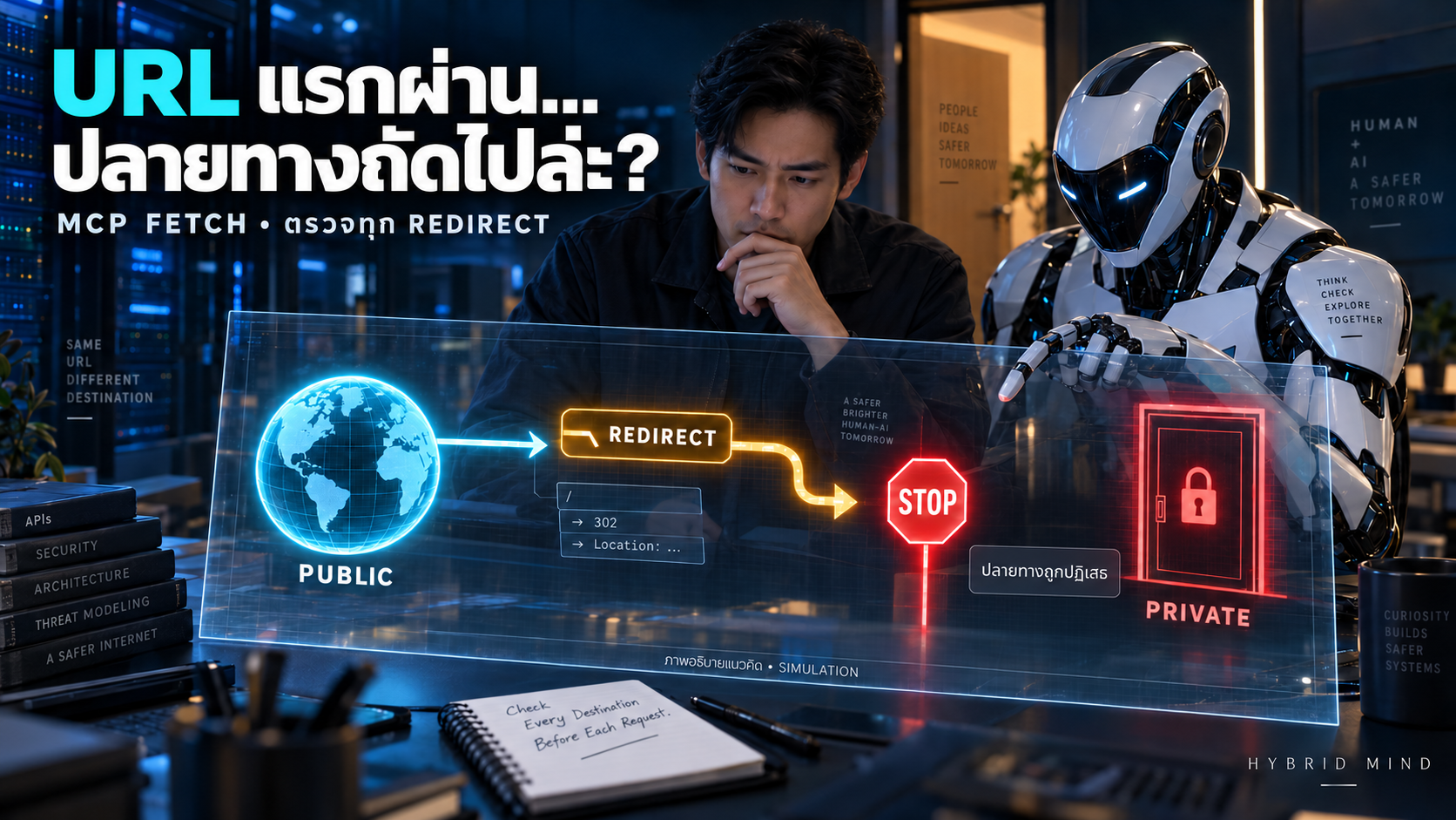 วิศวกรกับผู้ช่วย AI ตรวจเส้นทาง URL สาธารณะที่ redirect ไปยังปลายทางภายใน โดยเส้นทางหยุดก่อนส่งคำขอ