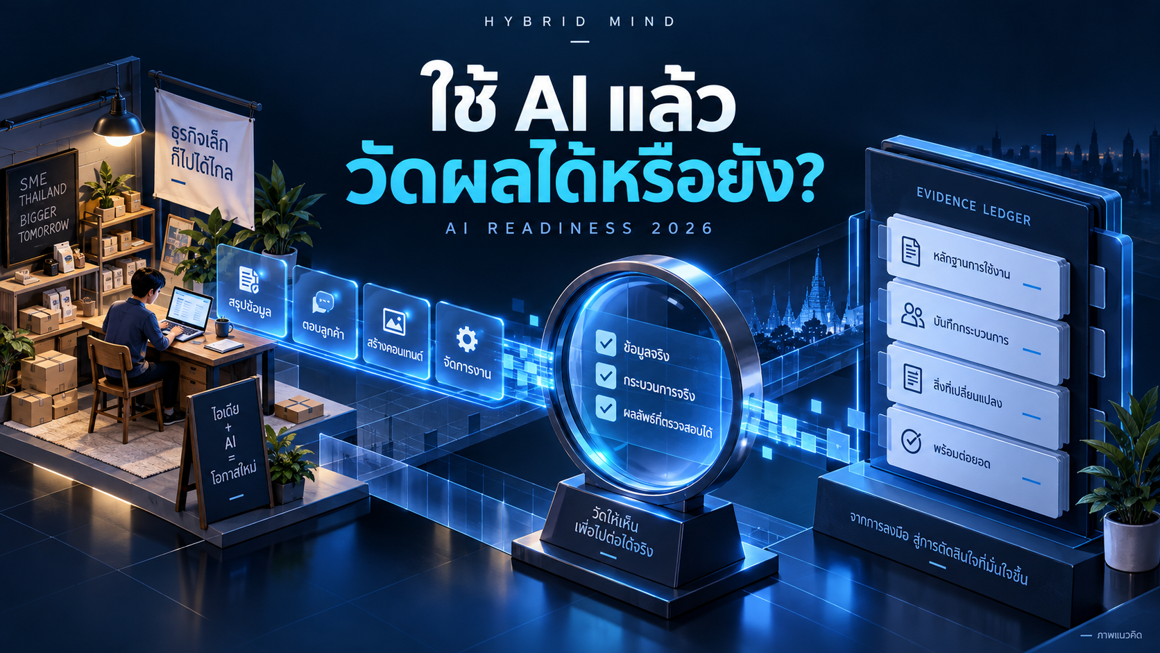 ภาพแนวคิดร้าน SME กับงาน AI ที่ต้องผ่านการวัดและบันทึกหลักฐานก่อนขยายผล