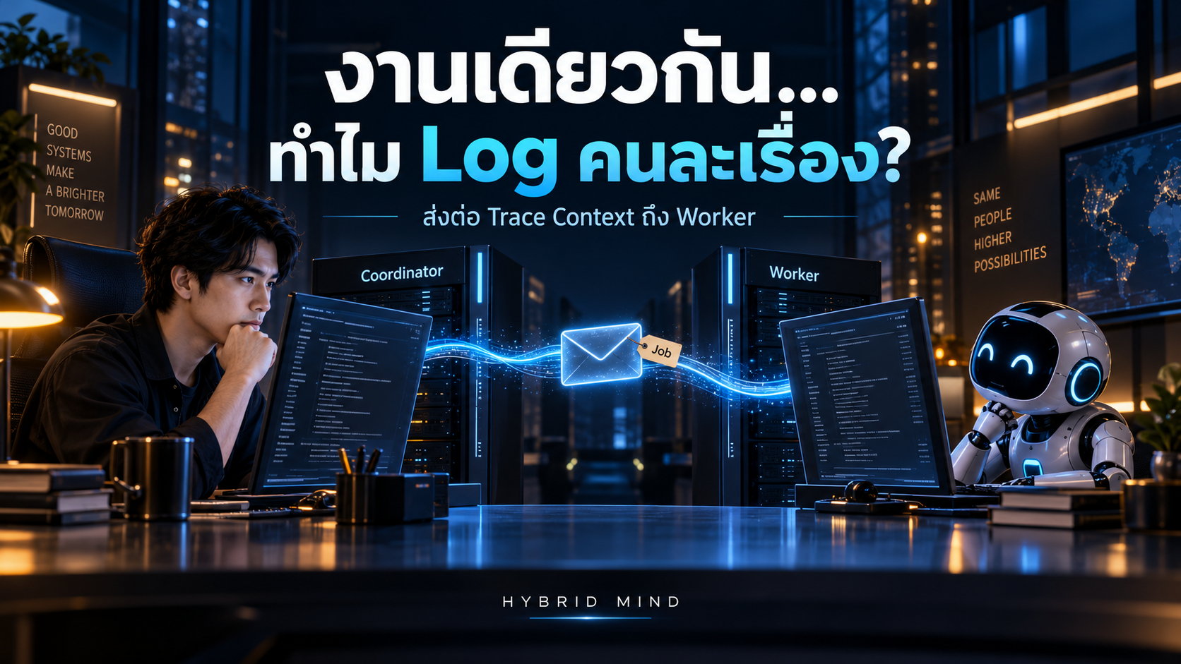 วิศวกรกับผู้ช่วย AI มอง Log ของ Coordinator และ Worker โดยมีซองงานพาดผ่านช่องว่างของคิวพร้อมเส้น Trace สีน้ำเงินและป้าย Job แยกต่างหาก